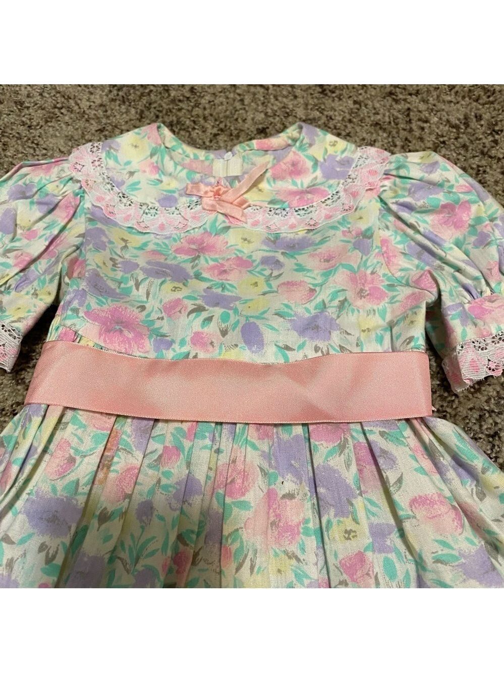 Vintage Little Girl Cotton Dress 80s 90s Floral Pink Purple Ribbon Tie - Picture 3 of 9